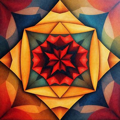 The primary subject of the image is a colorful, geometric design, possibly a mandala or a patterned artwork. The setting is a colorful background, which adds to the vibrant atmosphere of the image. The visual style appears to be a combination of digital art and illustration, creating a unique and eye-catching piece of art. The dominant colors in the image are red, yellow, and blue, which contribute to the lively and energetic mood of the scene.